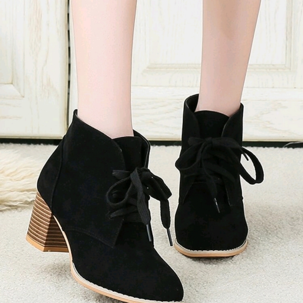 Lace Up Front Chunky Heeled Booties